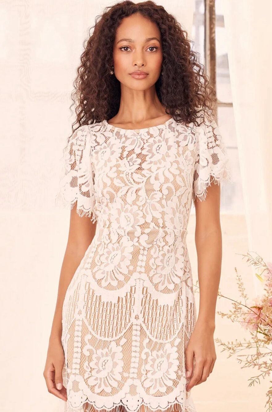 Lulus Pearson White Lace Dress Nude Lining Size Medium M 02249